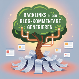 Ein Baum mit einem dichten Blätterdach und dem Text "Backlinks durch Blog-Kommentare generieren". Von seinen Wurzeln gehen gerollte Papiere aus, die wie Kommentare oder Artikel aussehen.
