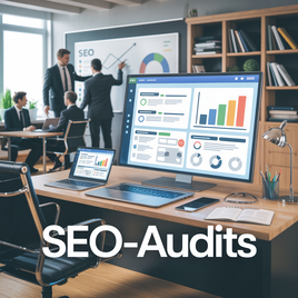 SEO-Audit: Arbeitsplatz mit Monitor und Team bei Datenanalyse im Büro