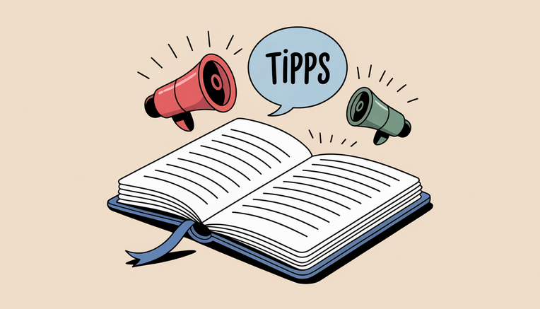 Ein offenes Buch mit einer Sprechblase "TIPPS" und zwei Megafonen. Dies symbolisiert hilfreiche Hinweise zum "Content mit Keywords aufwerten".