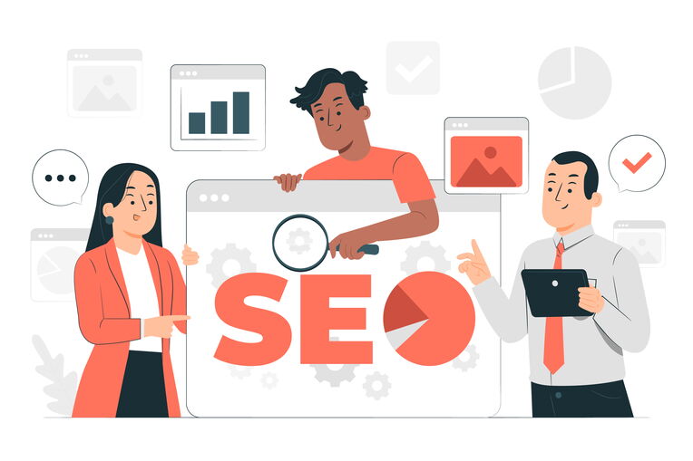 Drei Personen arbeiten an der Suchmaschinenoptimierung (SEO) für eine Webseite. Keywords für Produktbeschreibungen sind ein wichtiger Bestandteil dieser Optimierung, dargestellt durch Grafiken und Analysen im Hintergrund.