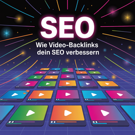 Farbenfrohe Illustration mit dem leuchtenden Wort „SEO“ oben. Darunter steht auf Deutsch: „Wie Video-Backlinks dein SEO verbessern“. Ein Raster aus farbenfrohen Video-Player-Symbolen erstreckt sich zum Betrachter hin und deutet auf eine digitale, futurist