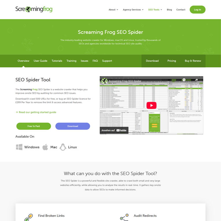 Screenshot der Screaming Frog SEO Spider Website