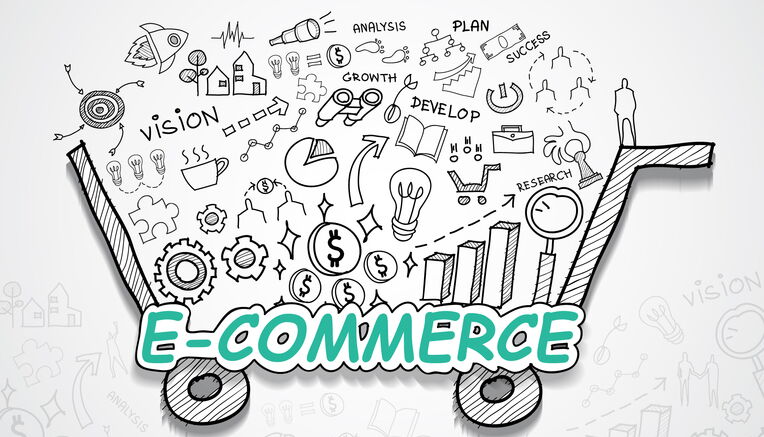E-Commerce-Konzept: Handgezeichneter Einkaufswagen gefüllt mit Icons und Begriffen wie Vision, Wachstum, Analyse, Plan, Erfolg, Entwicklung und Forschung.
