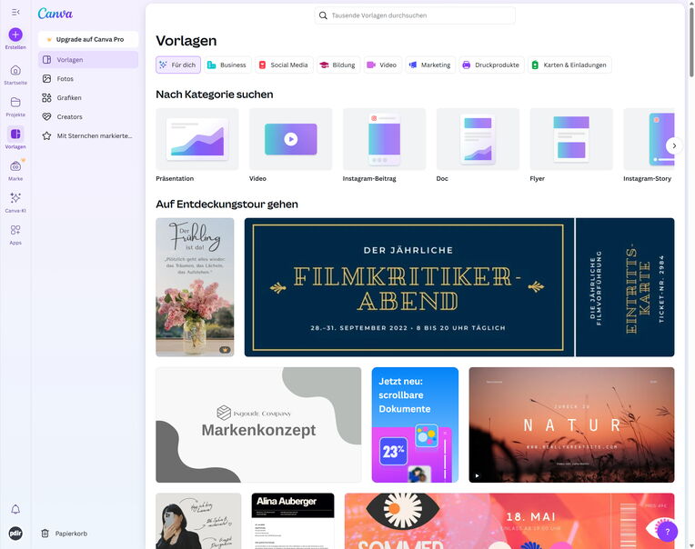 Ein Screenshot der Canva-Benutzeroberfläche, der die Vorlagenbibliothek zeigt. Verschiedene Kategorien wie "Präsentation", "Video" und "Marketing" sind sichtbar, ideal für die Erstellung von Inhalten mit Content-SEO-Tools für 2025.