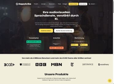 Ein Screenshot der Happy Scribe-Website, die ihre KI-gestützten audiovisuellen Sprachdienstleistungen für Transkription, Untertitelung und Übersetzung bewirbt.