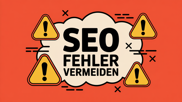 Illustration auf orangefarbenem Hintergrund mit der Überschrift 'SEO Fehler vermeiden'. Rund um die Schrift sind vier gelbe Warndreiecke mit Ausrufezeichen und schwarze 'X'-Symbole platziert, die auf zu vermeidende Probleme hinweisen.