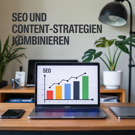 Kombination von SEO und Content-Strategien auf einem Laptop-Bildschirm mit Diagramm und Text "SEO". Titel: SEO und Content-Strategien kombinieren.