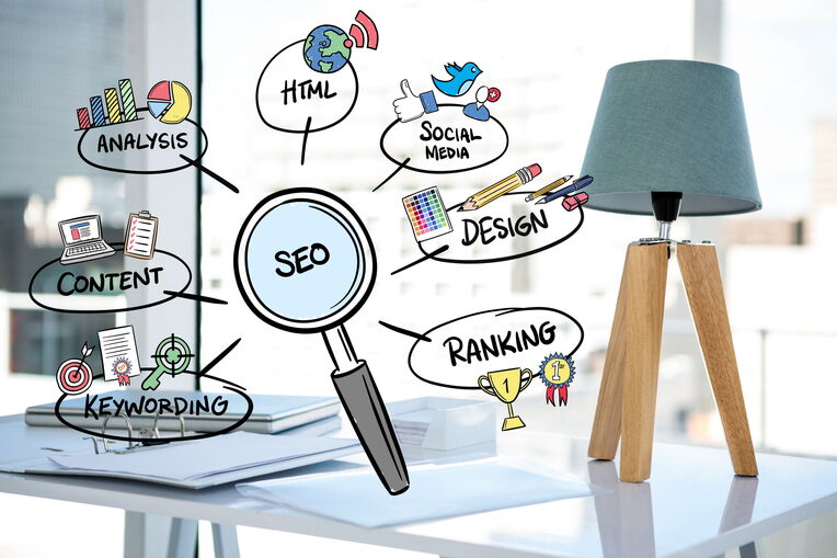 Eine Mindmap oder Grafik, die 'SEO' in der Mitte einer Lupe zeigt. Davon ausgehend sind verschiedene Aspekte der Suchmaschinenoptimierung wie Analyse, HTML, Social Media, Design, Ranking, Keyword Research und Content abgebildet.