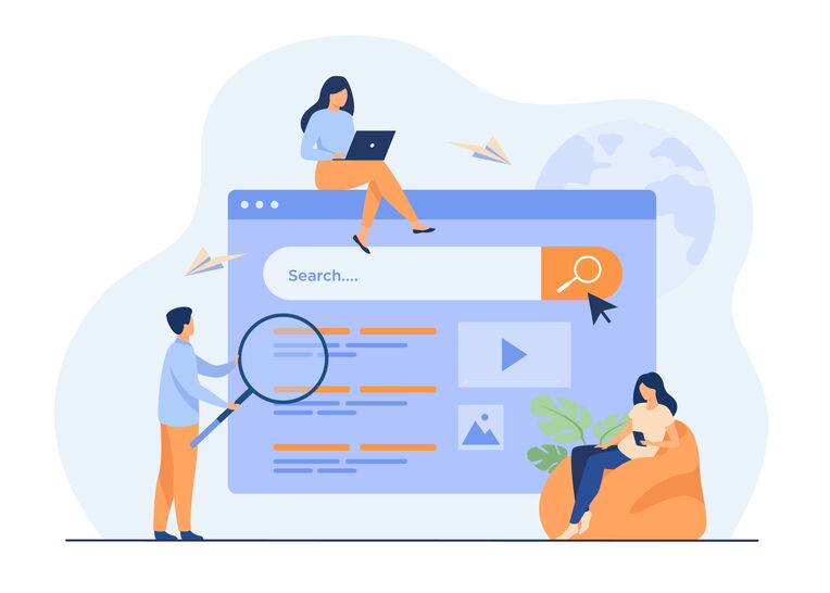 Drei Personen interagieren mit einer Suchmaschinenoberfläche. Keywords für Produktbeschreibungen sind wichtig für die SEO. Eine Frau nutzt einen Laptop auf der Suchleiste, ein Mann analysiert Ergebnisse mit einer Lupe, eine weitere Frau sitzt entspannt.