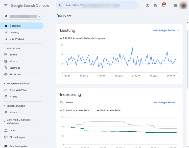 Ein Screenshot der Google Search Console-Übersicht mit Leistungs- und Indexierungsdaten. E-Commerce-Tools wie die Search Console helfen bei der Analyse der Website-Performance und -Indexierung.