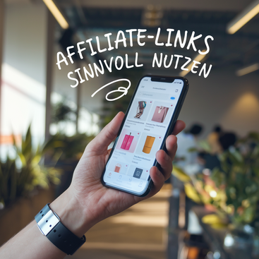 Eine Hand hält ein Smartphone, auf dem eine Online-Shopping-App mit mehreren Produktbildern angezeigt wird. Darüber steht in geschwungener weißer Schrift "Affiliate-Links sinnvoll nutzen".