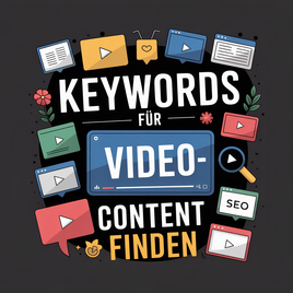 Vektorillustration mit dem Text "Keywords für Video-Content finden" umgeben von Icons, die Online-Videos, Suchmaschinenoptimierung (SEO) und digitale Inhalte darstellen.