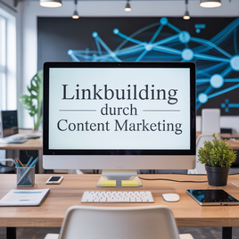 Ein Computerbildschirm zeigt den Text "Linkbuilding durch Content Marketing" in einem modernen Büroumfeld.