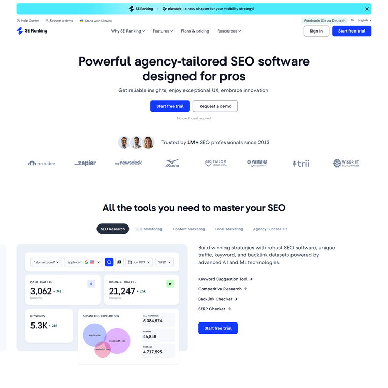 Screenshot der SE Ranking Website