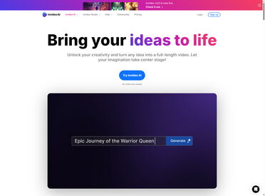 Ein Screenshot der InVideo AI-Website mit der Überschrift "Bring your ideas to life" und einem Eingabefeld, in dem "Epic Journey of the Warrior Queen" steht, bereit zur Generierung eines Videos.