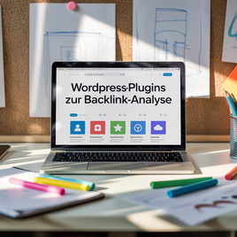 Laptop mit Titel „WordPress-Plugins zur Backlink-Analyse“ auf dem Bildschirm
