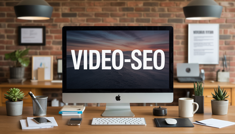 Ein iMac auf einem Schreibtisch mit dem Schriftzug "VIDEO-SEO" auf dem Bildschirm, umgeben von Büromaterialien wie Pflanzen, einer Tasse, einem Smartphone und Stiften, vor einem Hintergrund aus Ziegelwänden.