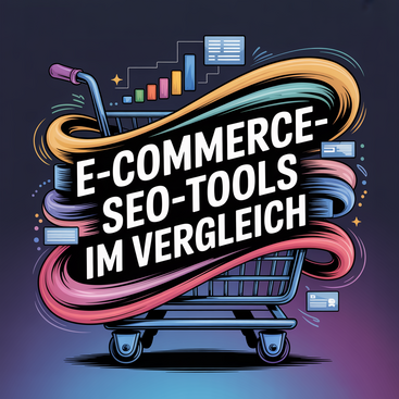 Ein Einkaufswagen umgeben von bunten grafischen Elementen und dem Text "E-Commerce-SEO-Tools im Vergleich". Symbolisiert den Vergleich verschiedener E-Commerce-Tools für die Suchmaschinenoptimierung.