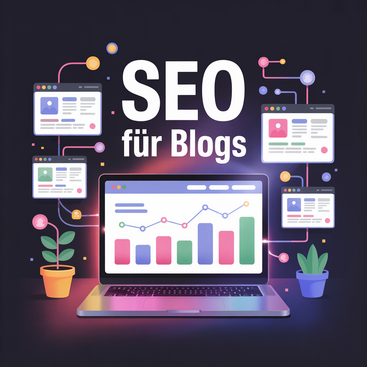 Illustration, die 'SEO für Blogs' darstellt, mit einem Laptop, der Analyse-Diagramme anzeigt, umgeben von verschiedenen Blogbeitragsfenstern und kleinen Topfpflanzen, die digitales Wachstum und Optimierung symbolisieren.