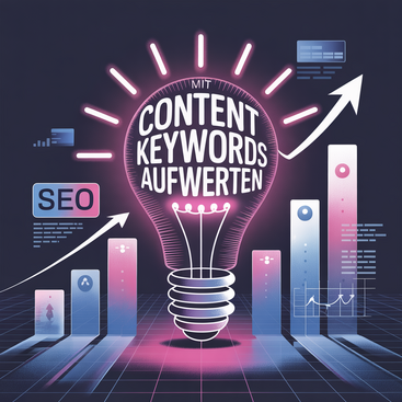 Neon-Illustration einer Glühbirne mit der Aufschrift "Mit Content Keywords aufwerten", umgeben von geometrischen Formen, Trendpfeilen und dem Wort "SEO" in leuchtenden Farben auf einem dunklen, vernetzten Hintergrund