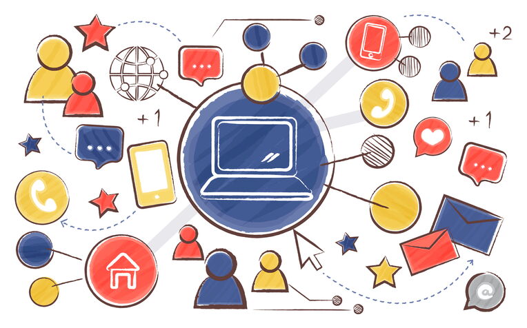 SEO für E-Commerce-Websites: Illustration eines vernetzten digitalen Ökosystems mit Laptop im Zentrum, umgeben von Icons für Nutzer, Kommunikation, soziale Interaktion und Online-Präsenz, relevant für E-Commerce SEO.