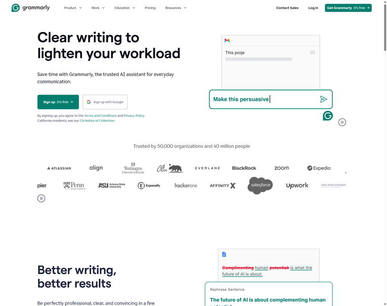 Ein Screenshot der Grammarly-Website, die das Schreiben erleichtern soll, indem sie Texte umschreibt oder überzeugender macht – ein hilfreiches Tool für Content-SEO-Tools für 2025.