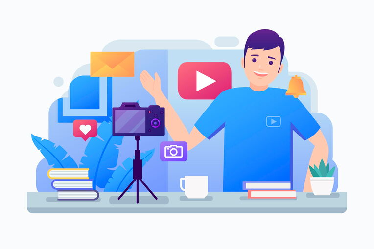 Ein Mann in einem blauen T-Shirt steht vor einer Kamera auf Stativ, umgeben von YouTube-Symbolen, Büchern und Pflanzen, als würde er vloggen. Backlinks über YouTube generieren.