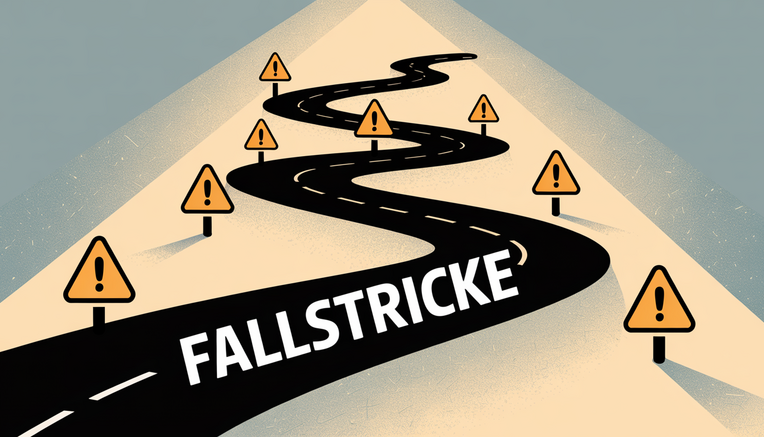 Gewundene Straße mit gelben Warnschildern und dem Wort "FALLSTRICKE", die Herausforderungen beim "Content mit Keywords aufwerten" symbolisiert.