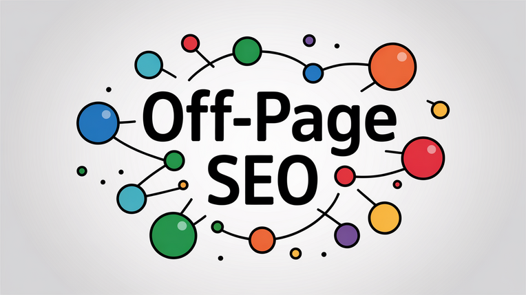 "Off-Page SEO" umgeben von bunten, miteinander verbundenen Kreisen