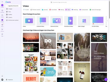 Ein Screenshot der Canva-Oberfläche, der die Videovorlagen-Sektion zeigt, mit verschiedenen Kategorien wie Facebook-Videos, YouTube-Videos und Vorschaubildern für hochwertige Videovorlagen.