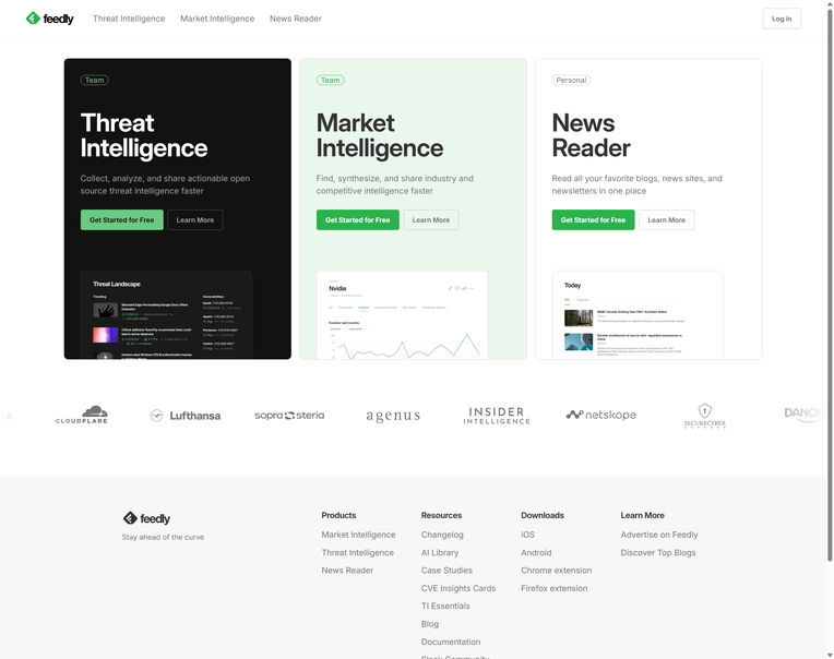 Eine Bildschirmaufnahme der Feedly-Website, die die Bereiche "Threat Intelligence", "Market Intelligence" und "News Reader" zeigt, was die Vielseitigkeit dieser Content-SEO-Tools für 2025 unterstreicht.