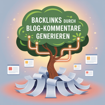Ein Baum mit einem dichten Blätterdach und dem Text "Backlinks durch Blog-Kommentare generieren". Von seinen Wurzeln gehen gerollte Papiere aus, die wie Kommentare oder Artikel aussehen.