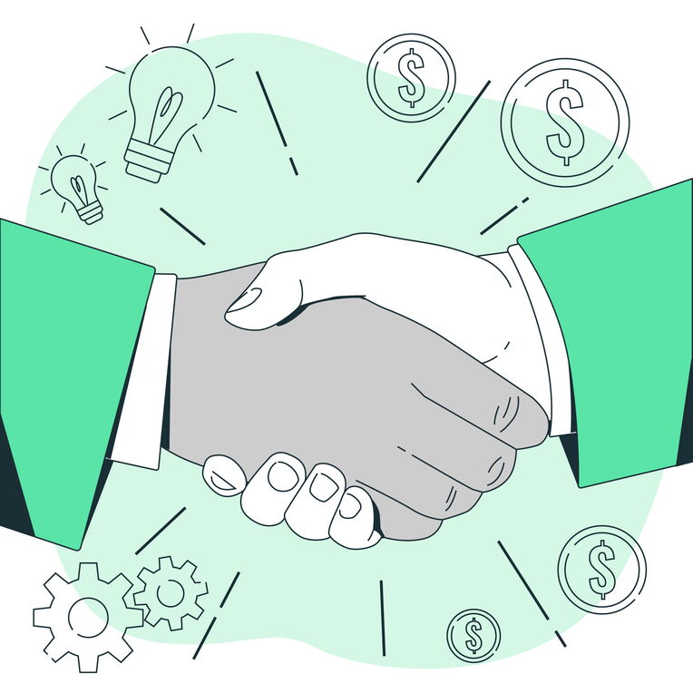 Bild zum Thema "Linkaufbau über Partnerschaften": Ein Händedruck zwischen zwei Parteien, umgeben von Symbolen für Ideen (Glühbirnen), Geld (Dollarzeichen) und Fortschritt (Zahnräder), illustriert ein erfolgreiches Geschäftsabkommen.