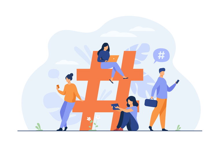 Illustration: Menschen interagieren mit Hashtag