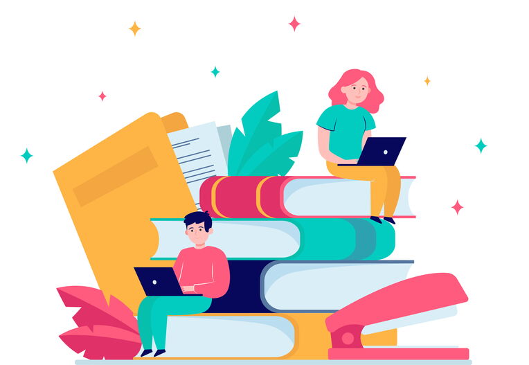 Menschen sitzen auf Bücherstapeln und arbeiten an Laptops