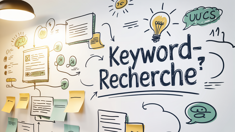Eine visuelle Darstellung des Prozesses der "Keyword-Recherche" mit Pfeilen, Notizen und einer Glühbirne auf einer Wandtafel. Es hilft, Keywords für Blogartikel finden zu können.