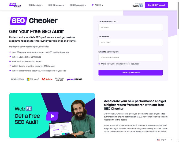 Ein Screenshot der SEO.com-Website, die einen "SEO Checker" anbietet, um die Website-Performance zu analysieren – ein wichtiges Tool für die Content-SEO-Tools für 2025.