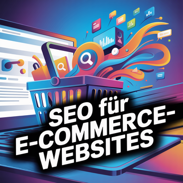 SEO für E-Commerce-Websites: Warenkorb vor Laptop mit Suchlupe, Diagrammen und Icons für Suchmaschinenoptimierung im Online-Handel.