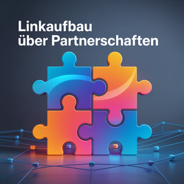 Vier farbenfrohe Puzzleteile fügen sich zu einem Quadrat zusammen, darunter der Text "Linkaufbau über Partnerschaften", was die Verbindung von Zusammenarbeit und Linkbuilding symbolisiert.