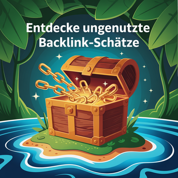 Ein offener Schatzkiste auf einer kleinen Insel inmitten von blauem Wasser, die goldene Ketten und glitzernde Sterne freigibt. Der Titel lautet "Entdecke ungenutzte Backlink-Schätze"