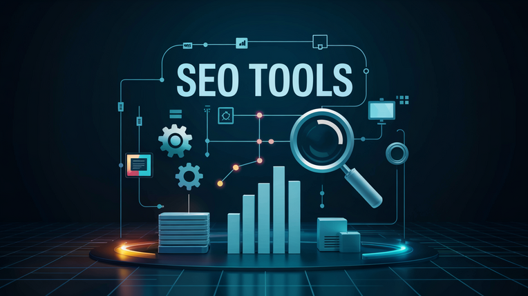 Ein digitales Bild zeigt den Text "SEO TOOLS" umgeben von abstrakten Symbolen wie Zahnrädern, Diagrammen und einer Lupe, die eine effiziente Nutzung für Keywords für Blogartikel finden darstellen.