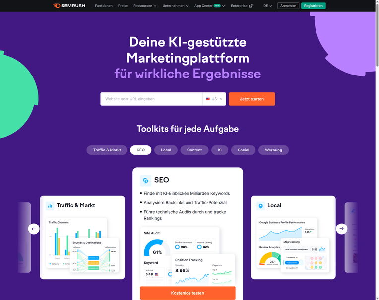 Ein Screenshot der Semrush-Website, die ihre KI-gestützte Marketingplattform mit Toolkits für SEO, Content und mehr vorstellt – essenzielle Content-SEO-Tools für 2025.