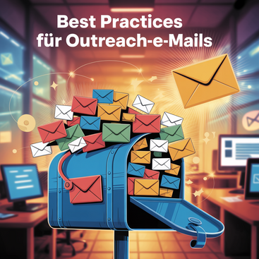 Eine Illustration zeigt einen blauen Briefkasten, aus dem bunte Umschläge quellen, während ein großer goldener Umschlag im oberen rechten Bereich schwebt. Der Text "Best Practices für Outreach-e-Mails" steht darüber. Im Hintergrund sind verschwommene Büro