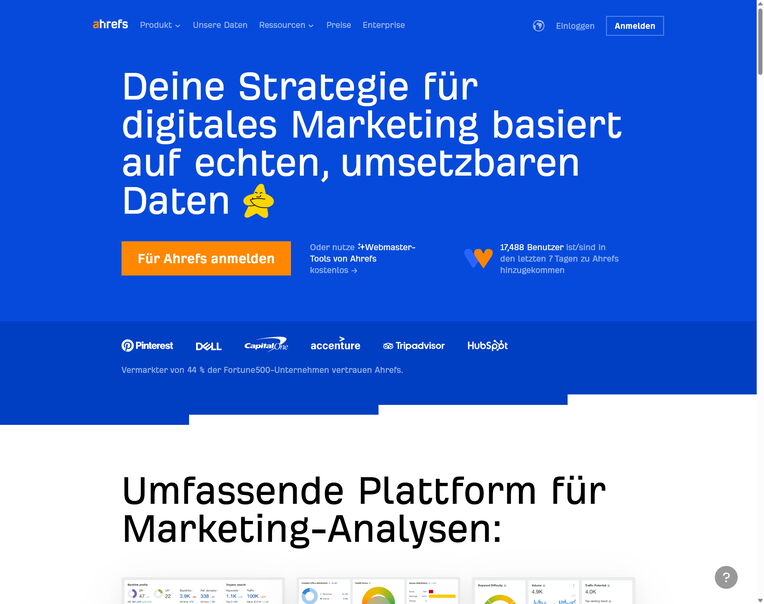 Screenshot der Ahrefs-Webseite mit dem Titel "Deine Strategie für digitales Marketing basiert auf echten, umsetzbaren Daten" und einer Anmeldeaufforderung, passend für die Nutzung von Content-SEO-Tools für 2025.