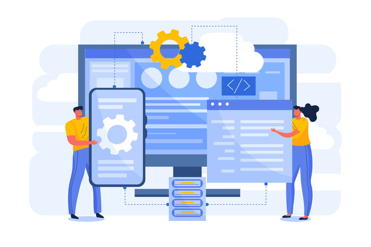Illustration zur Software-Konfiguration, anwendbar auch für technische Aspekte von SEO für Blogs. Zwei Personen optimieren Code & Einstellungen.