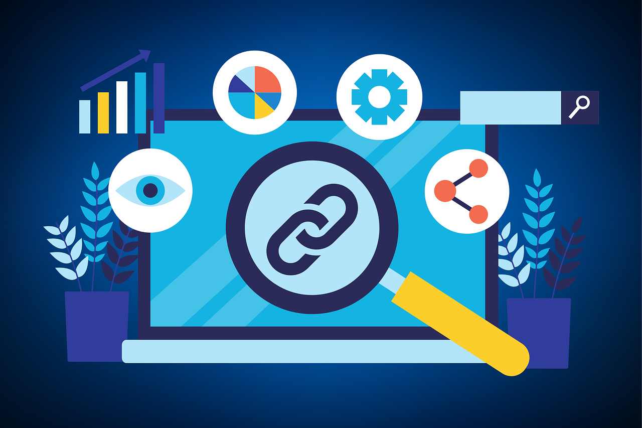 Illustration zur SEO-Optimierung: Laptop mit Lupe und Link-Symbol, umgeben von Icons für Analyse, Einstellungen, Sichtbarkeit und Sharing, die Backlinks und Suchmaschinenoptimierung darstellen.